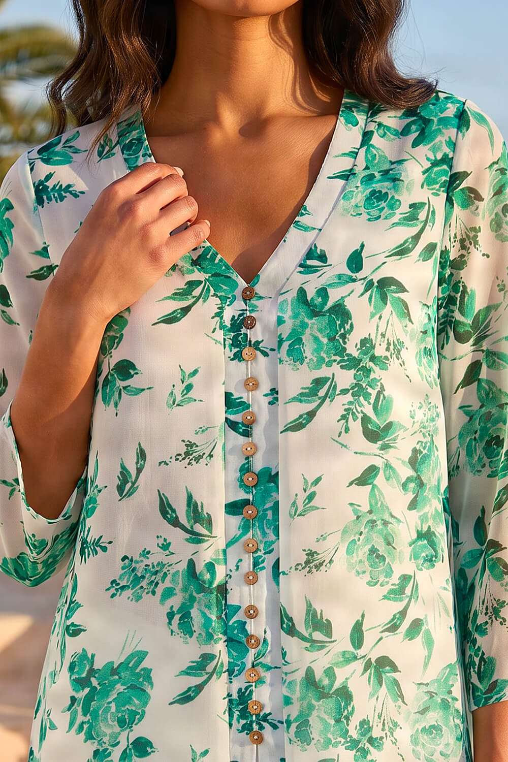Green Floral Print V-Neck Button Front Top, Image 5 of 4
