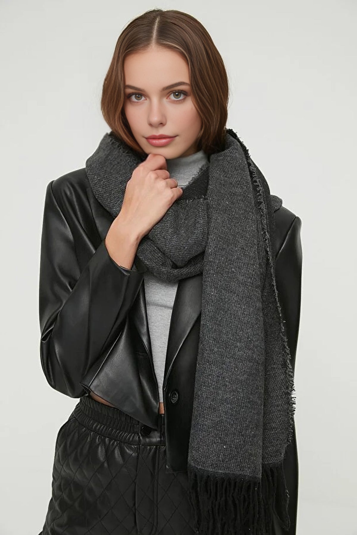 Dark Grey Soft Woven Winter Scarf with Textured Finish, Image 1 of 3