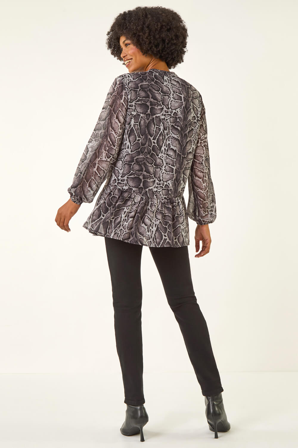 Dark Grey Snake Print V-Neck Tunic Top, Image 4 of 5