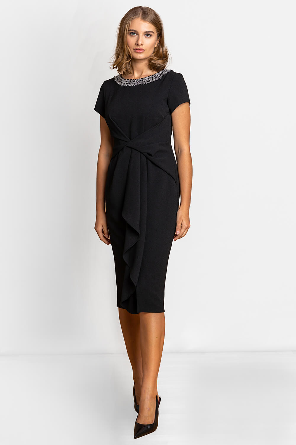 Black Embellished Stretch Twist Waist Ruched Dress, Image 4 of 4