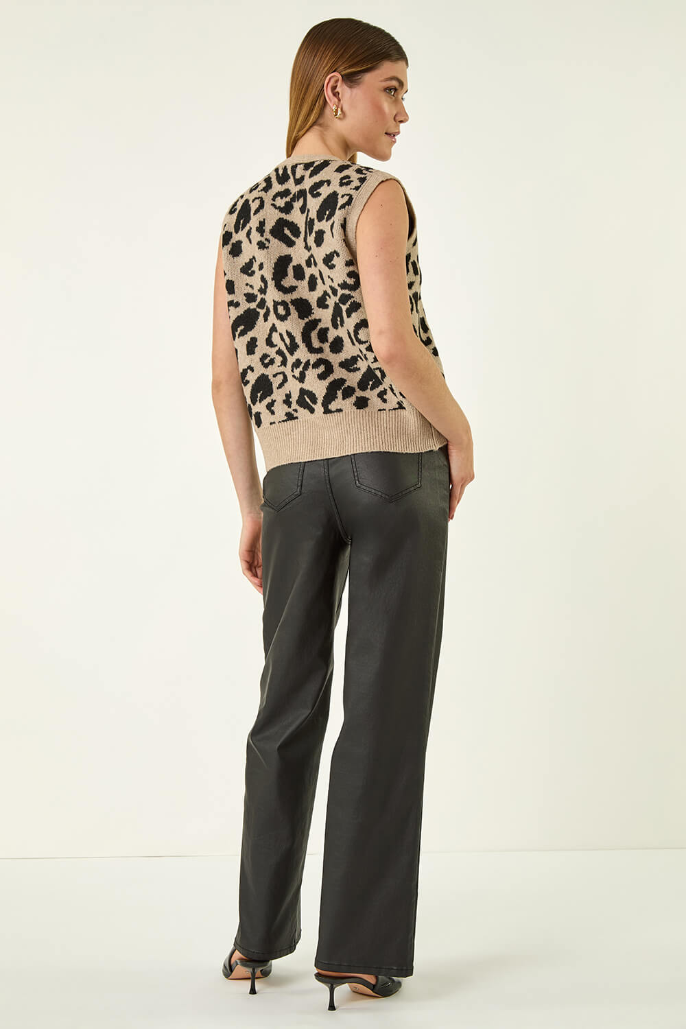 Tan Animal Print Tie Front Knit Top, Image 5 of 7