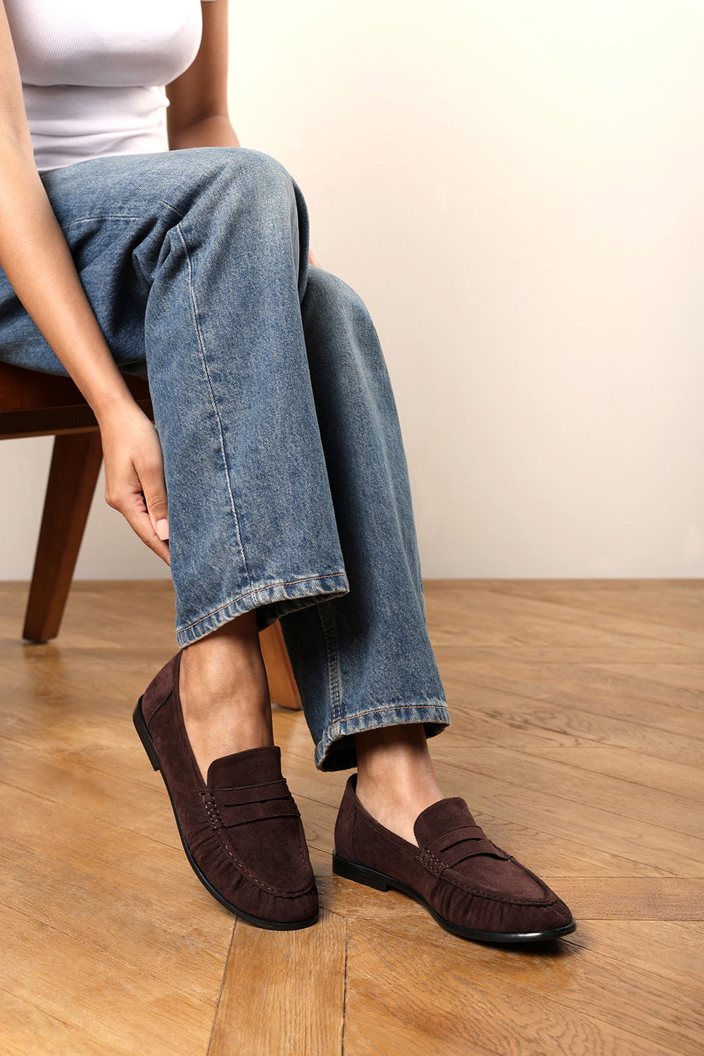 Dark Brown Charleigh Ruched Detail Flat Penny Loafers, Image 7 of 7