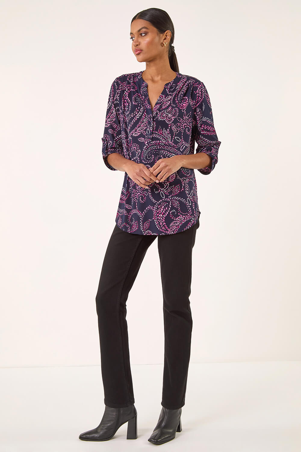 Navy  Leaf Puff Print Stretch Shirt , Image 3 of 5