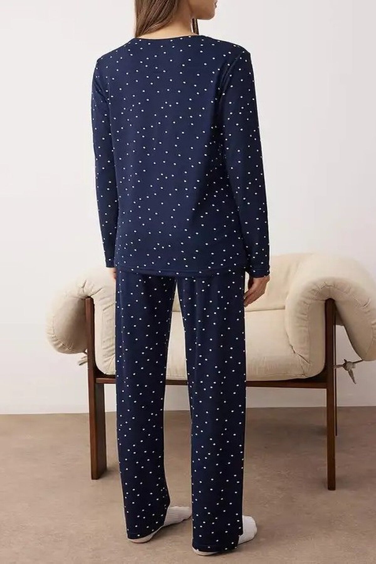Navy Teddy Bear Applique Polka Dot Knitted Long Sleeve Pyjama Set, Image 2 of 3