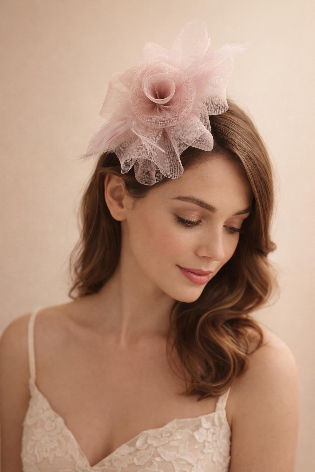 Pink Folded Bow Fascinator With Tipped Feathers