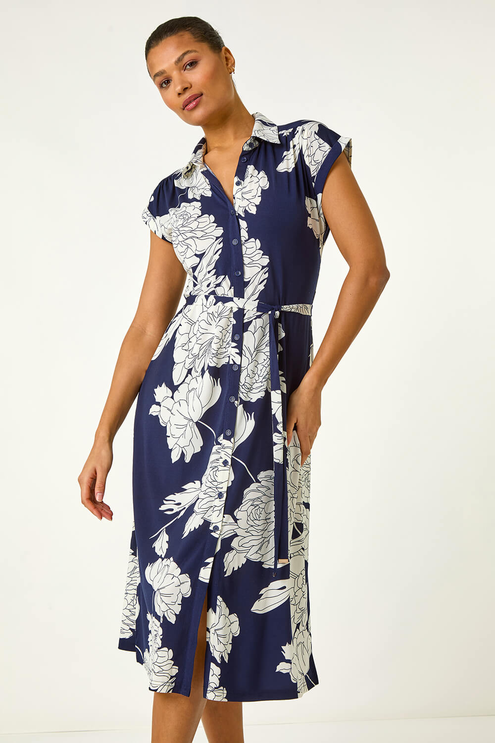 Navy Floral Print Stretch Shirt Dress, Image 3 of 5