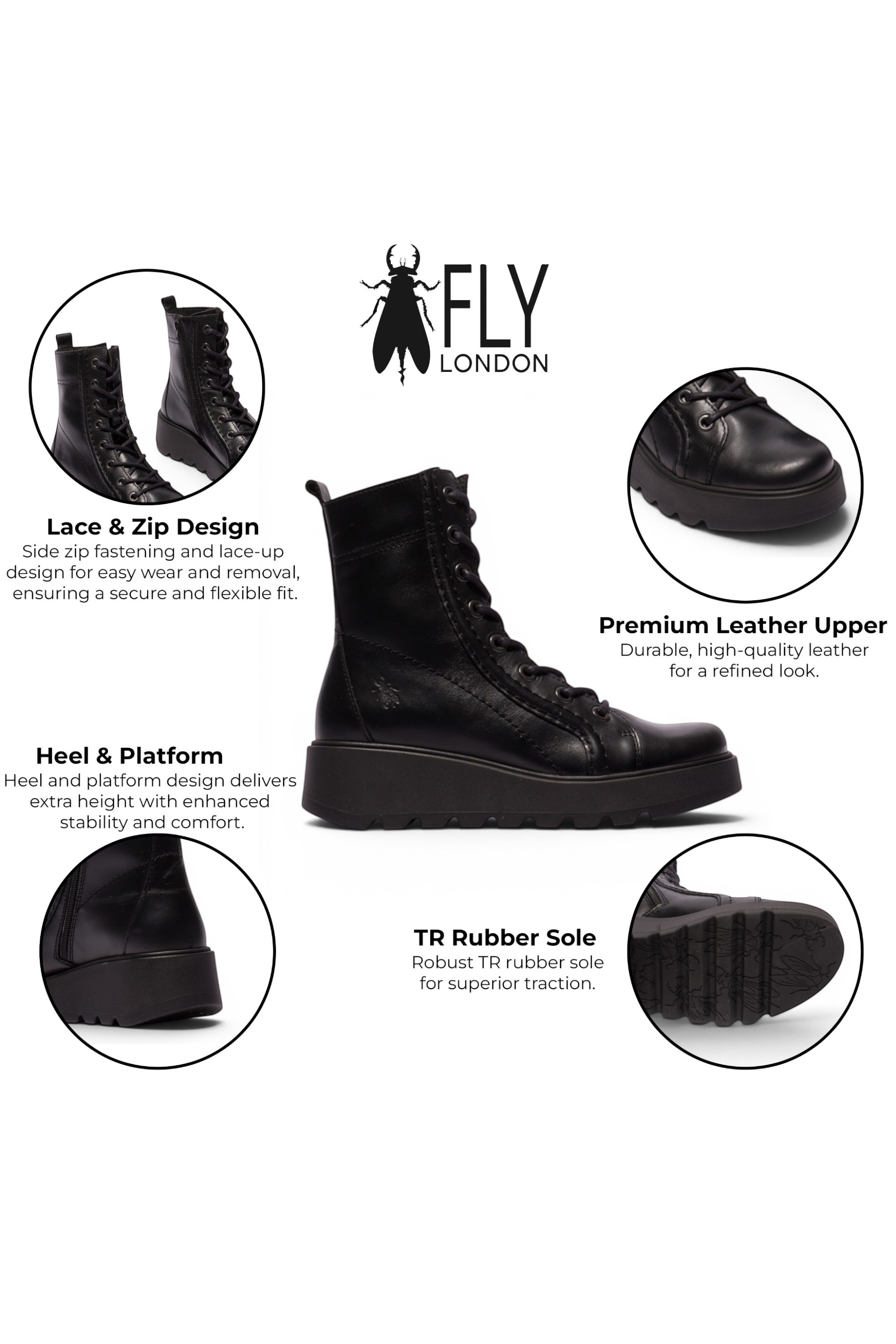 Black Womens Leather Heel Combat Boots-TERY553, Image 3 of 5