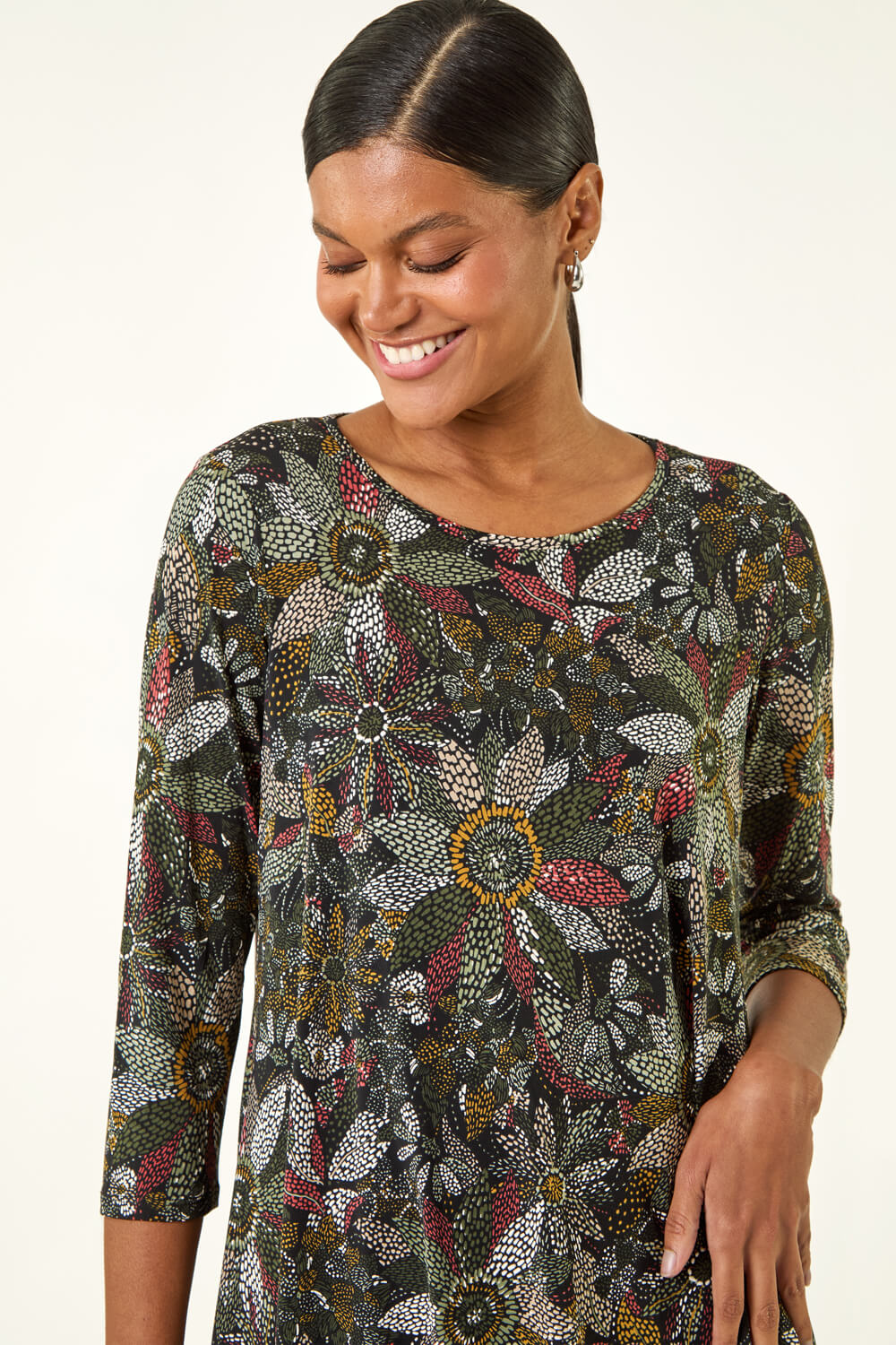 Green Floral Puff Print Stretch Shirt, Image 5 of 5