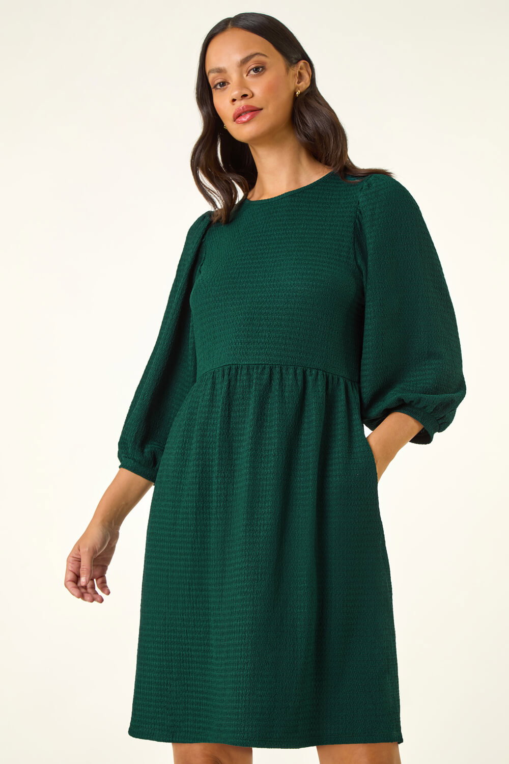 Green Dusk Textured Blouson Puff Sleeve Dress, Image 5 of 5