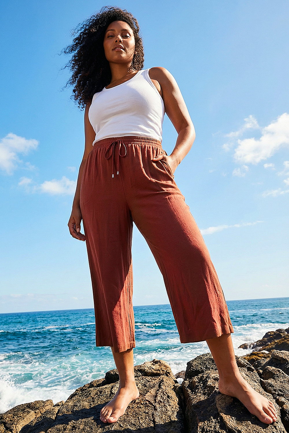 Roman Curve Women's Rust Linen Blend Cropped Trousers Size 26-28