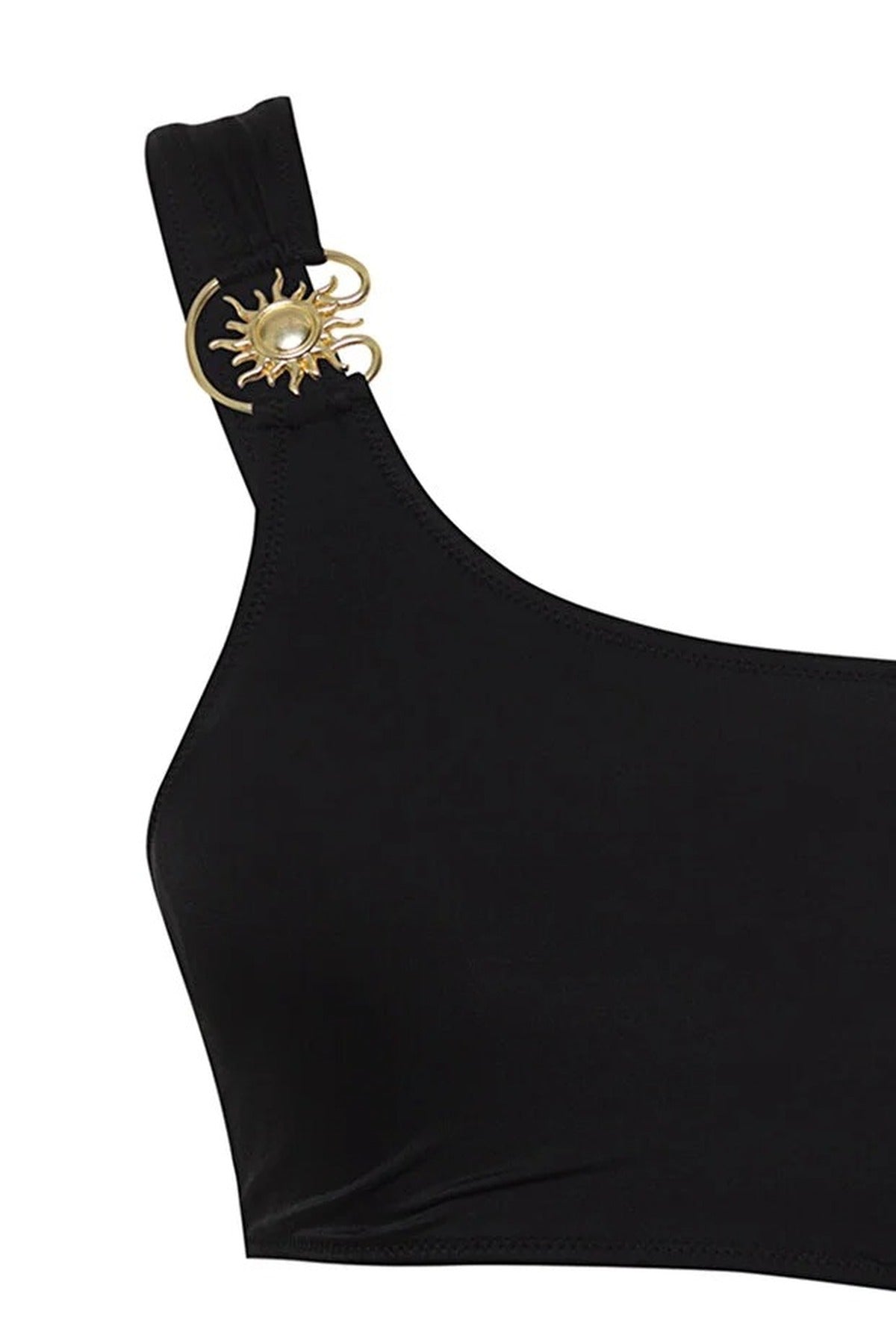 Black WOVCOR Black Asymmetric Cut Out One Shoulder Swimsuit with Hardware Detail, Image 2 of 3
