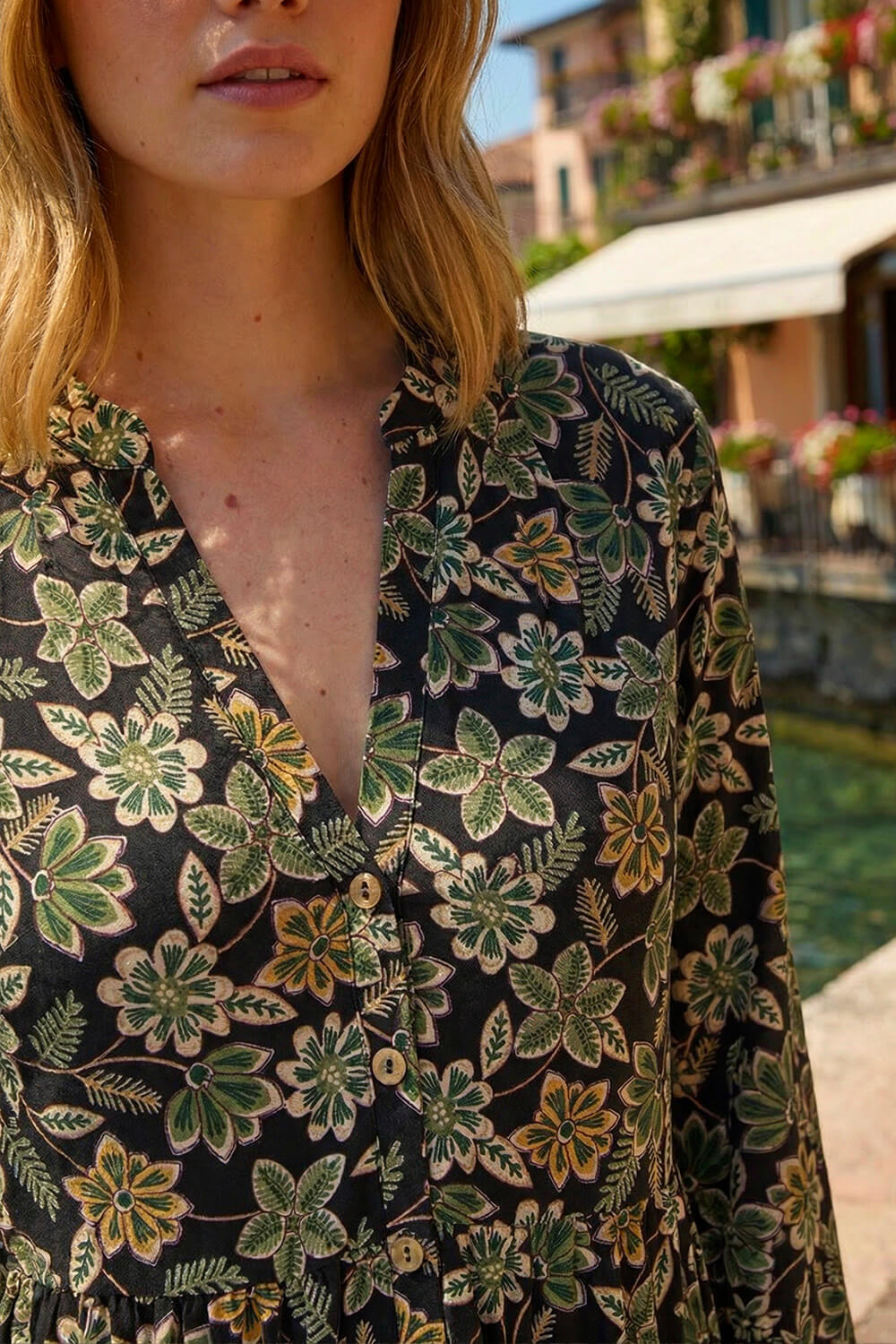 Green Floral Print Button Stretch Dress, Image 5 of 4
