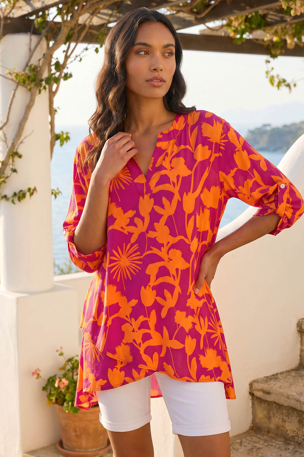 Fuchsia Floral Wrap Hem Tunic Top | Roman UK