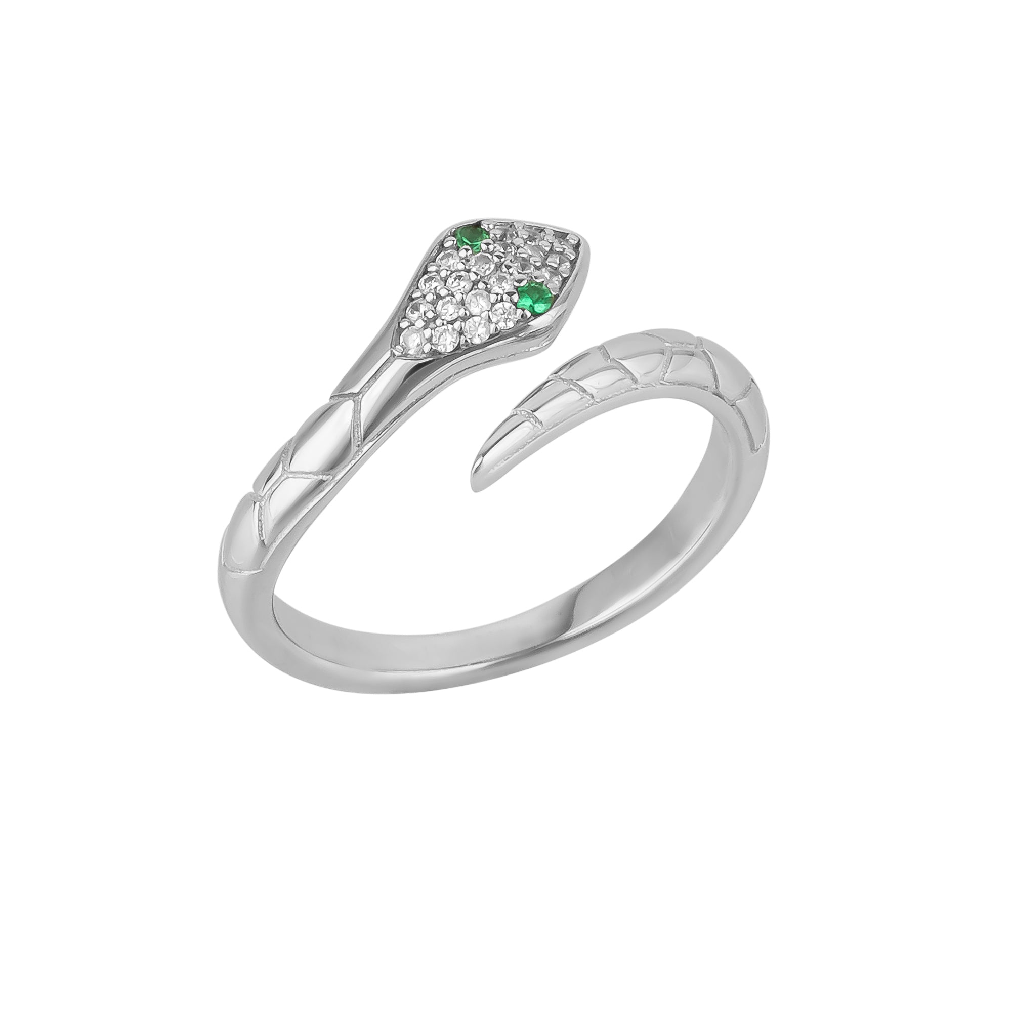 Silver Pave Snake Ring With Green Eyes in Sterling Silver, Image 1 of 1