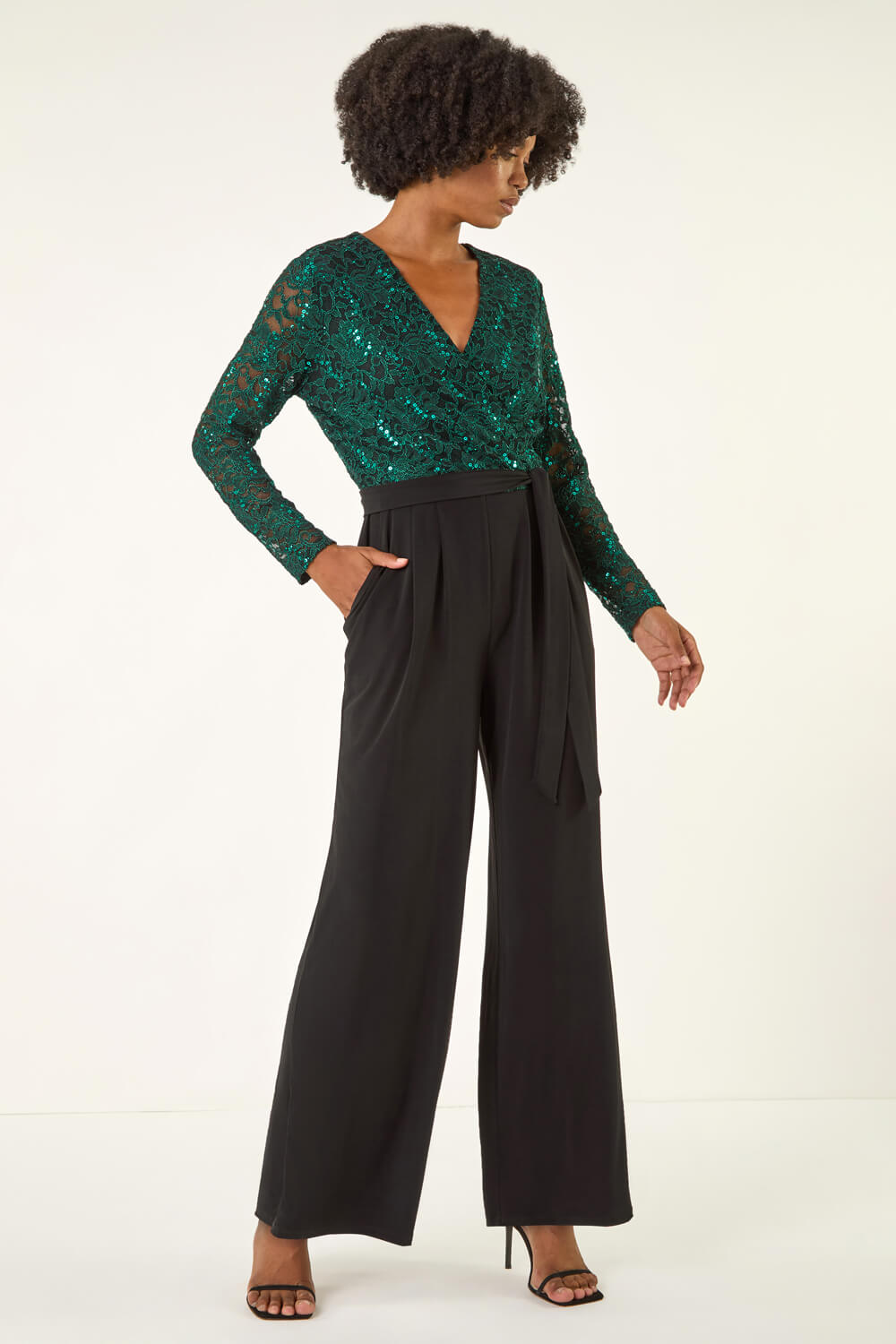 Green Sequin Lace V-Neck Stretch Jumpsuit, Image 3 of 5