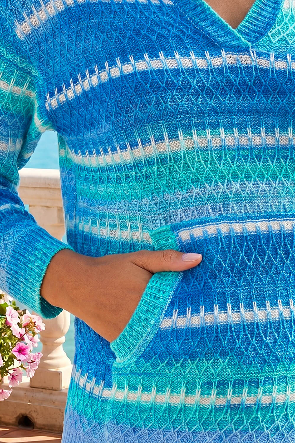 Blue Textured V-Neck Knit Hoodie, Image 5 of 4