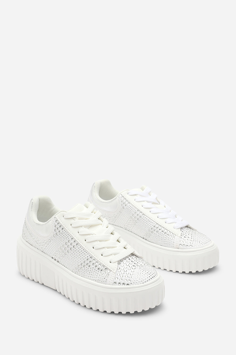 White Eliane' Lace Up Trainer with Diamante Pattern, Image 4 of 7