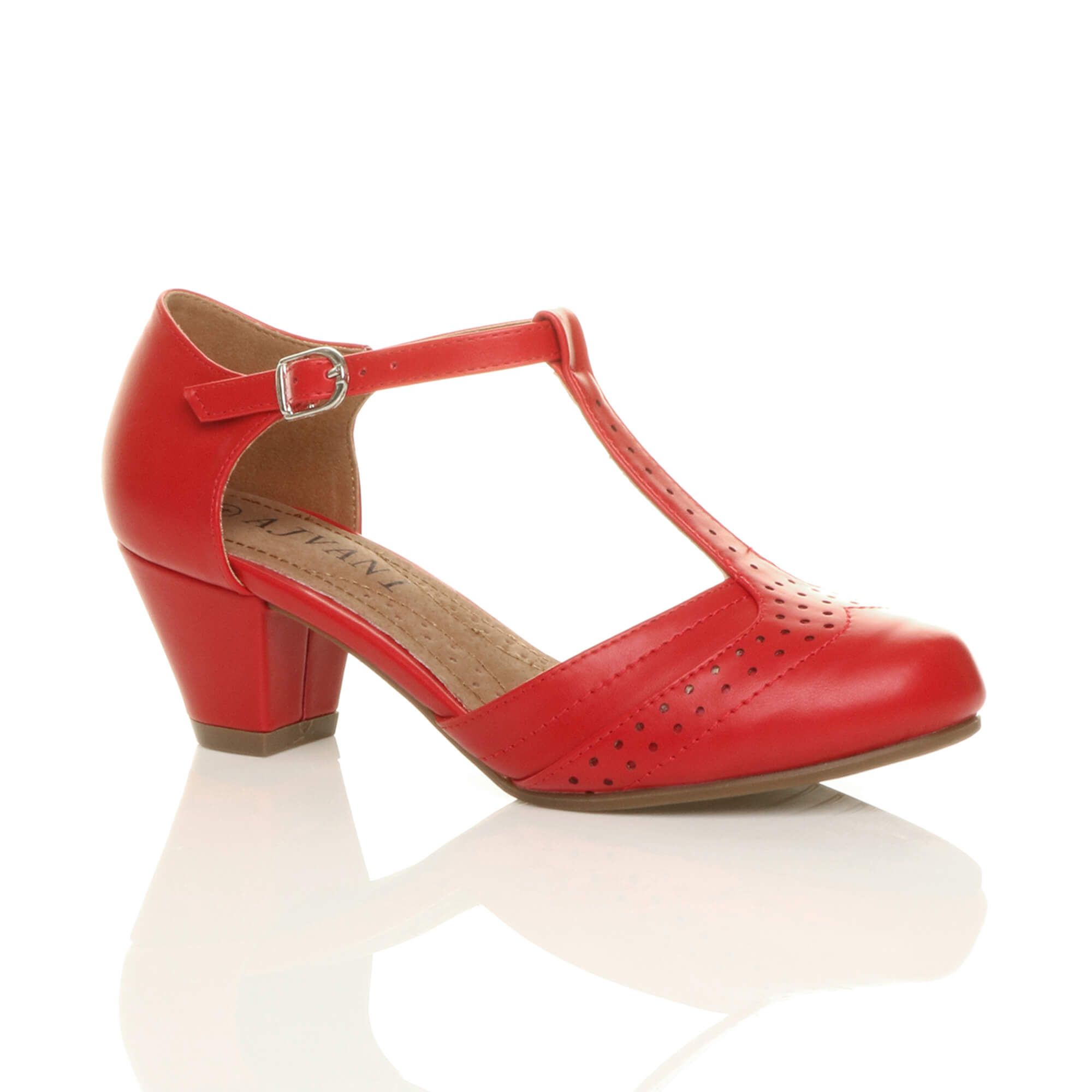 Black Mid Heel Comfort T-Bar Brogue Heels