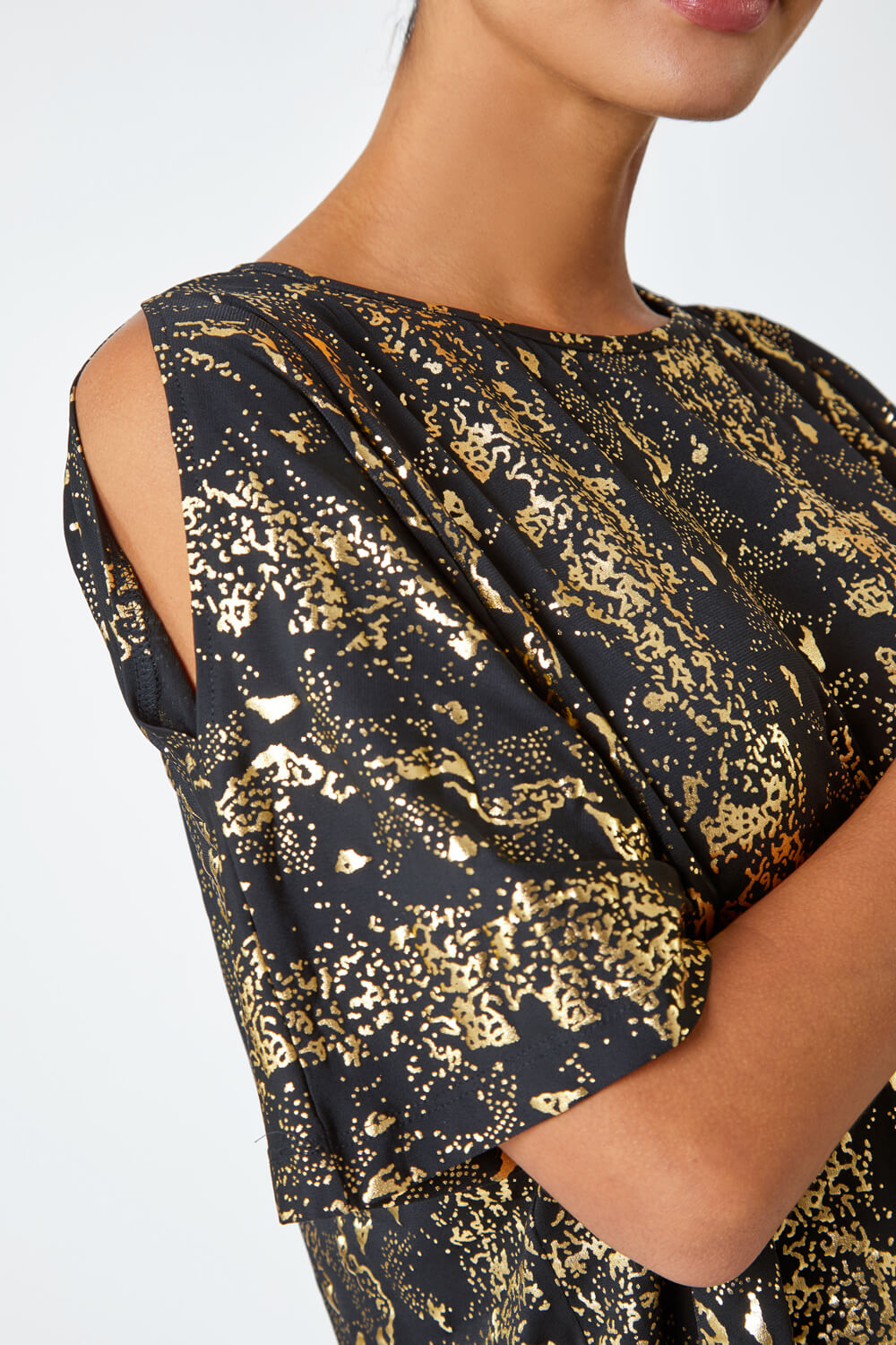 Black Metallic Print Cold Shoulder Stretch Top, Image 6 of 5