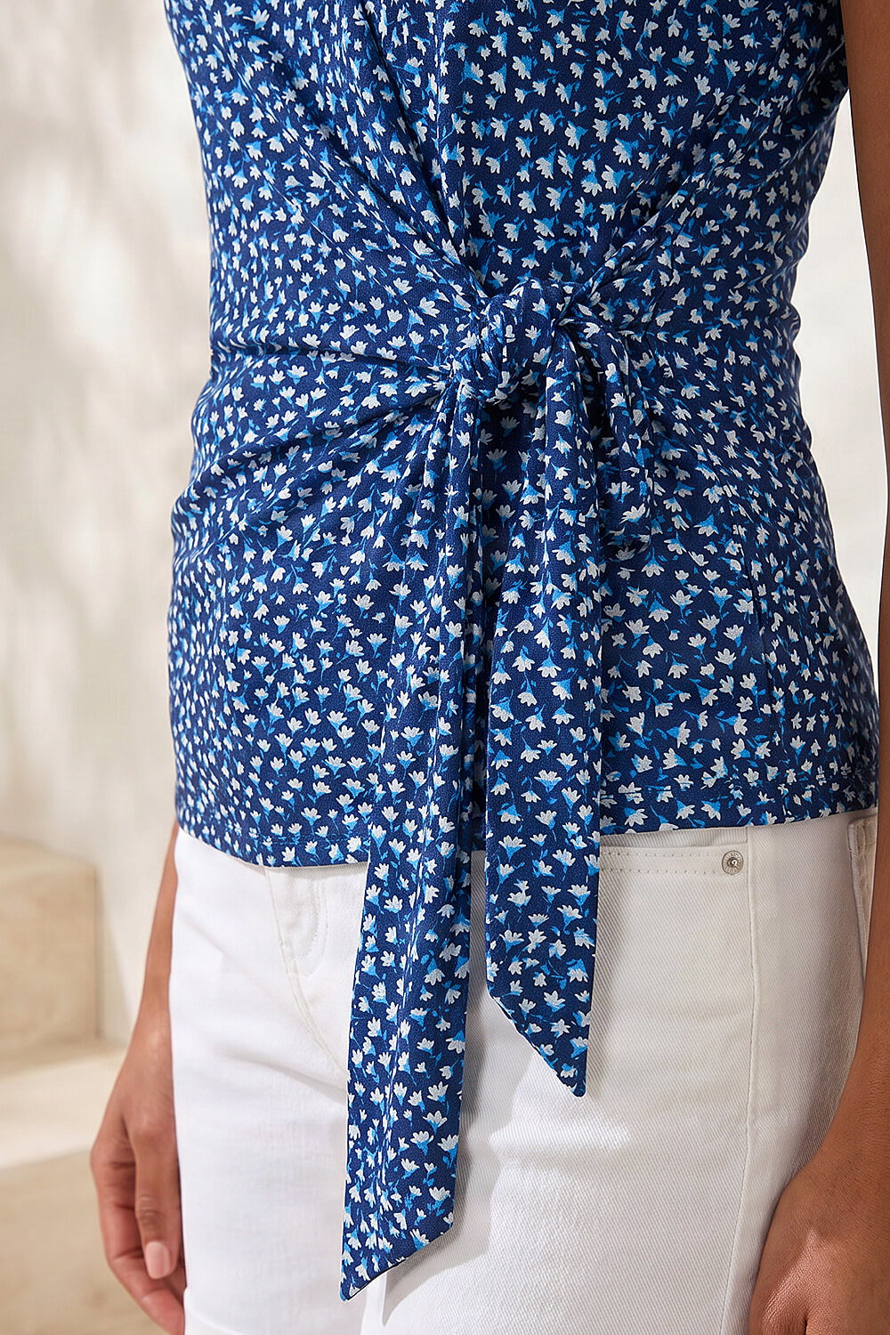 Navy Petite Spot Print Tie Side Top, Image 5 of 4