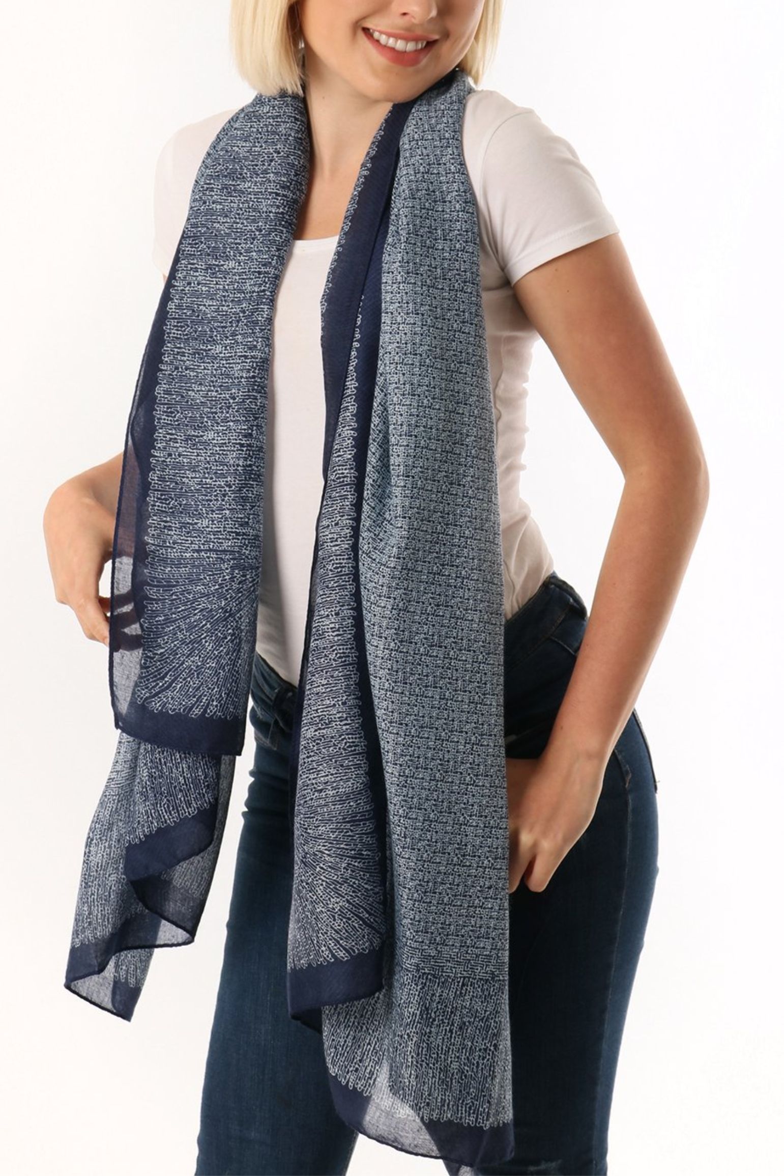 Navy Blue Speckled Bordered Lightweight Scarf, Image 2 of 3