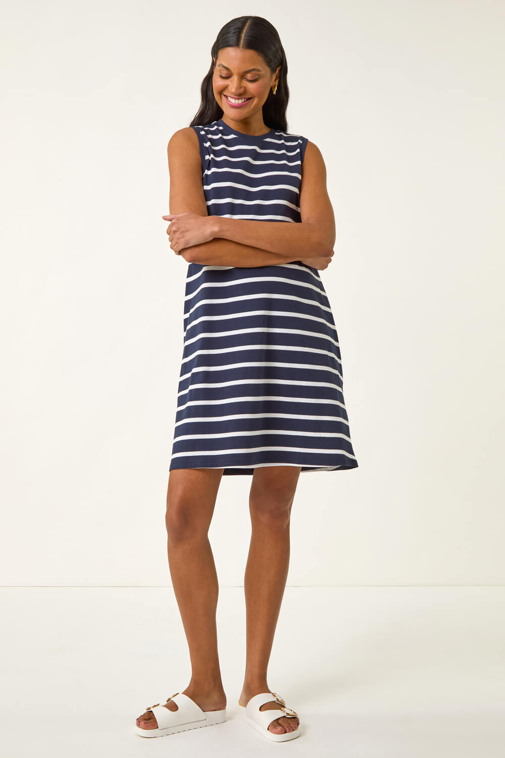 Navy Stripe Jersey A-Line Stretch Dress | Roman UK