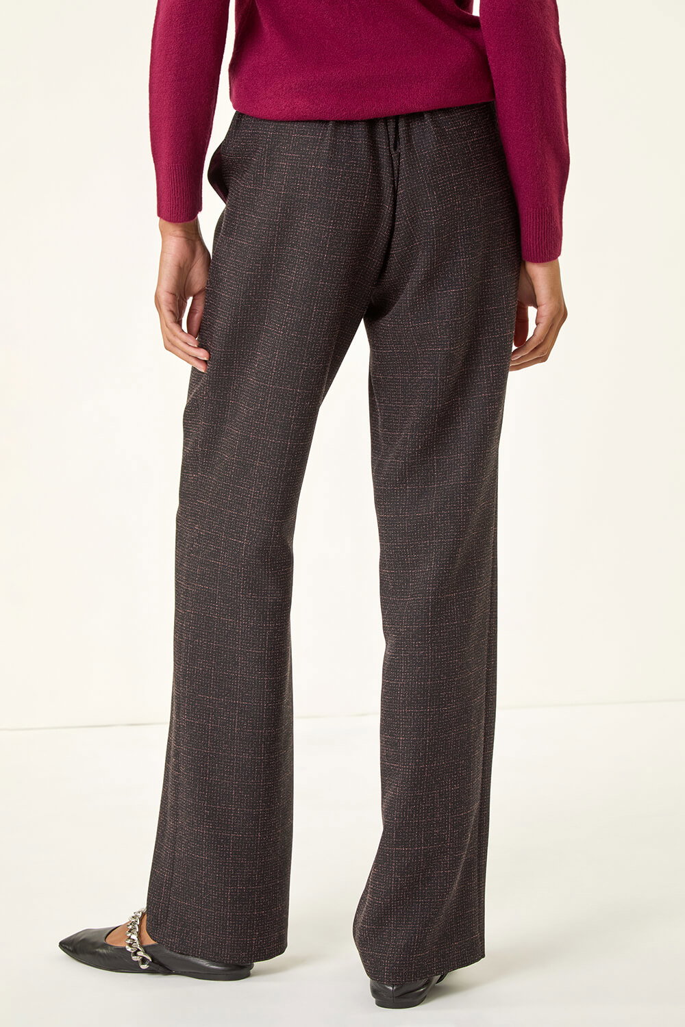 Aubergine Check Elasticated Waist Drawcord Trouser, Image 4 of 5