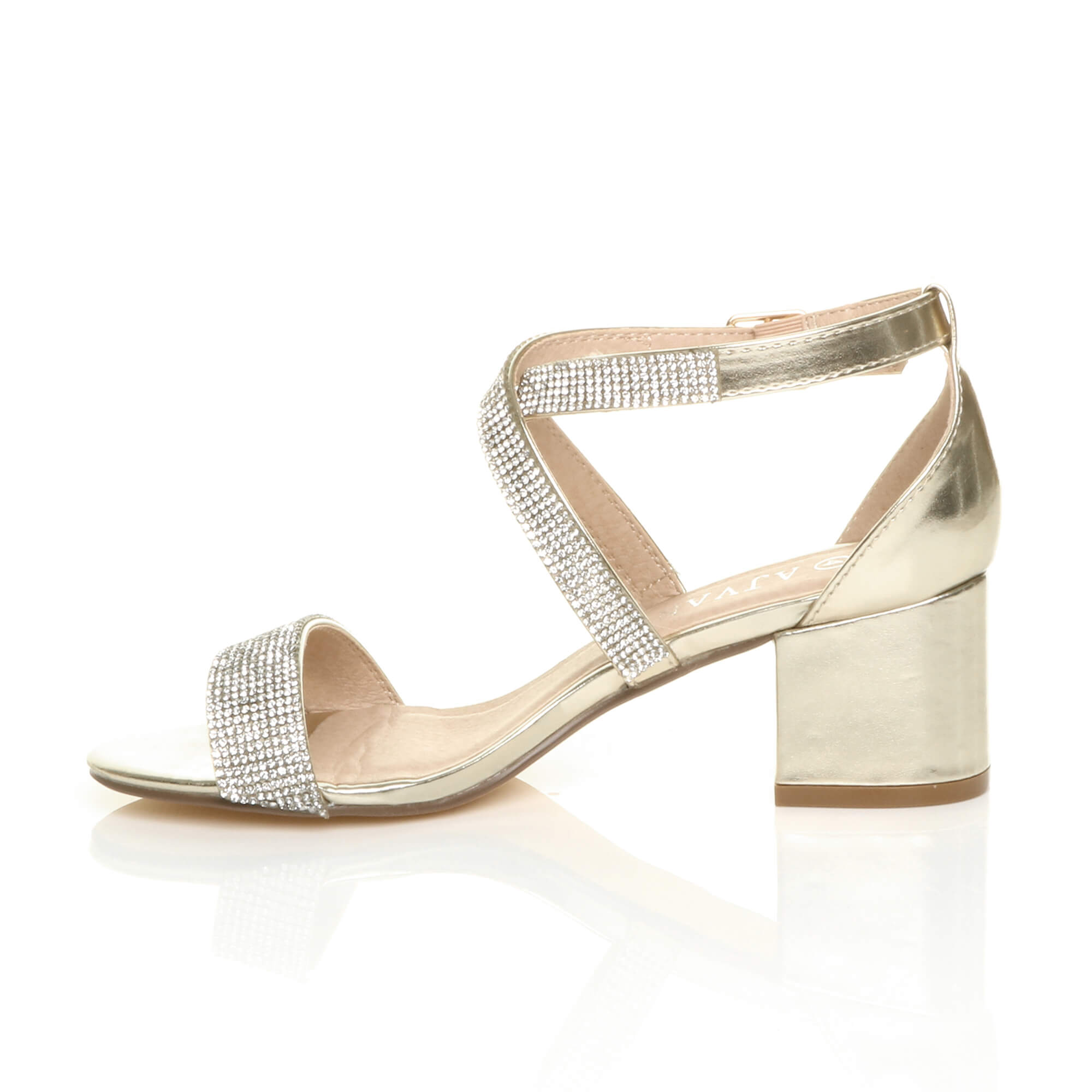 Gold AJVANI Gold Mid Block Heel Crossed Straps Diamante Sandals, Image 3 of 6