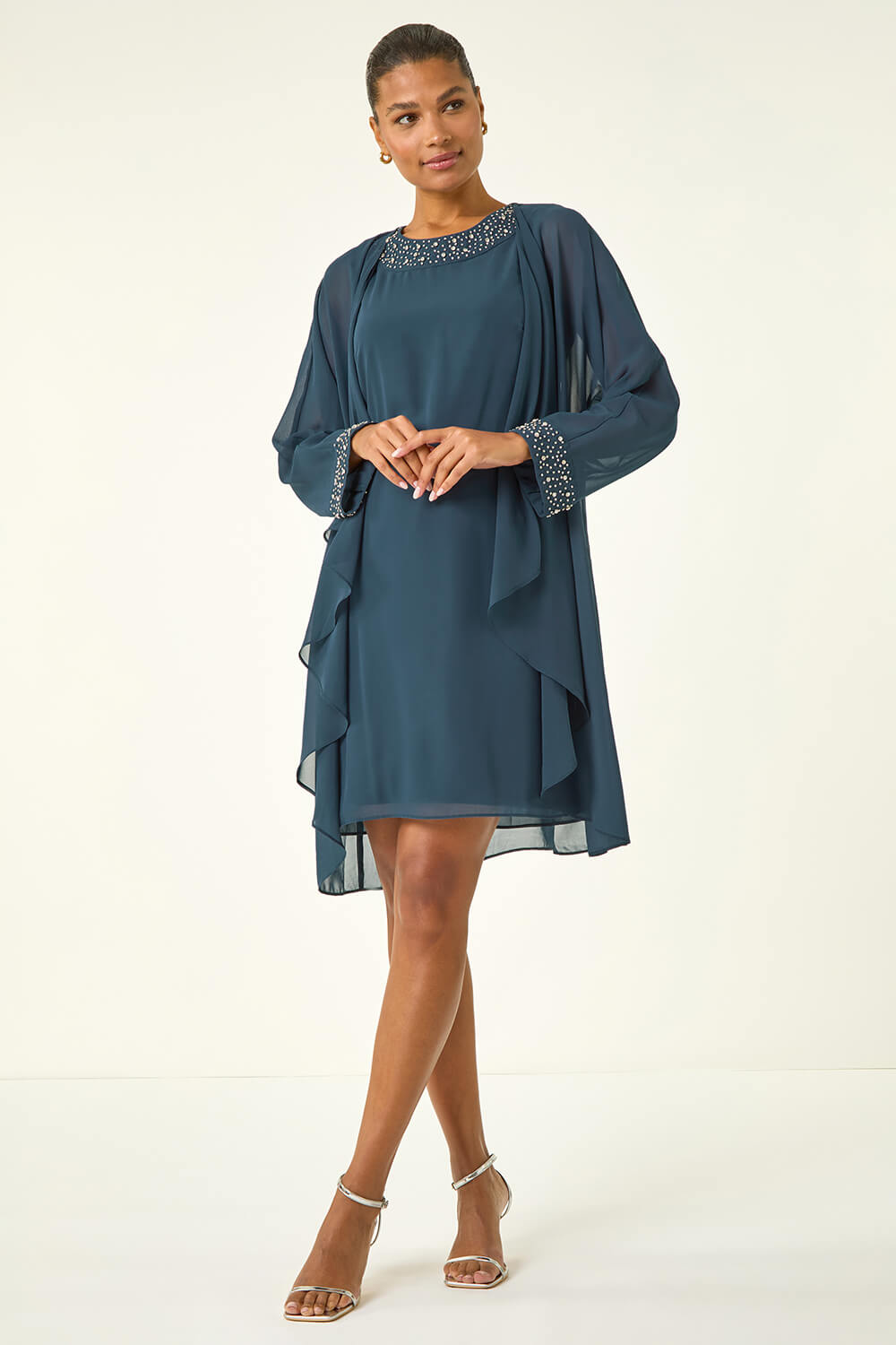 Teal Embellished Shift Dress & Shrug, Image 3 of 6