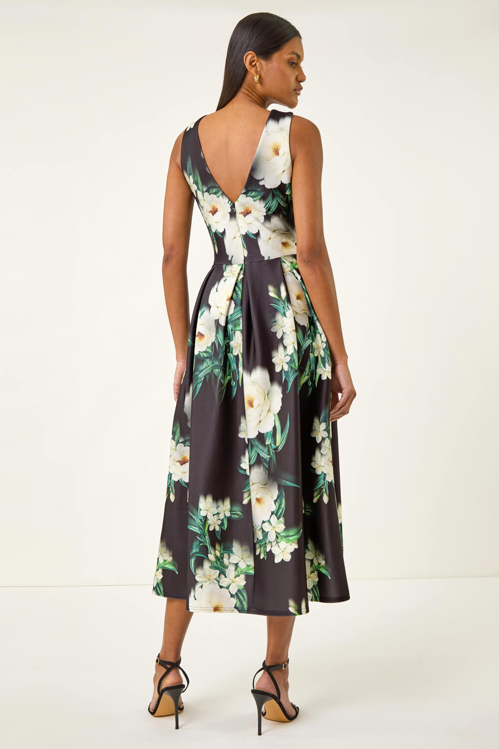 Black Floral Motif Premium Stretch Midi Dress, Image 4 of 5