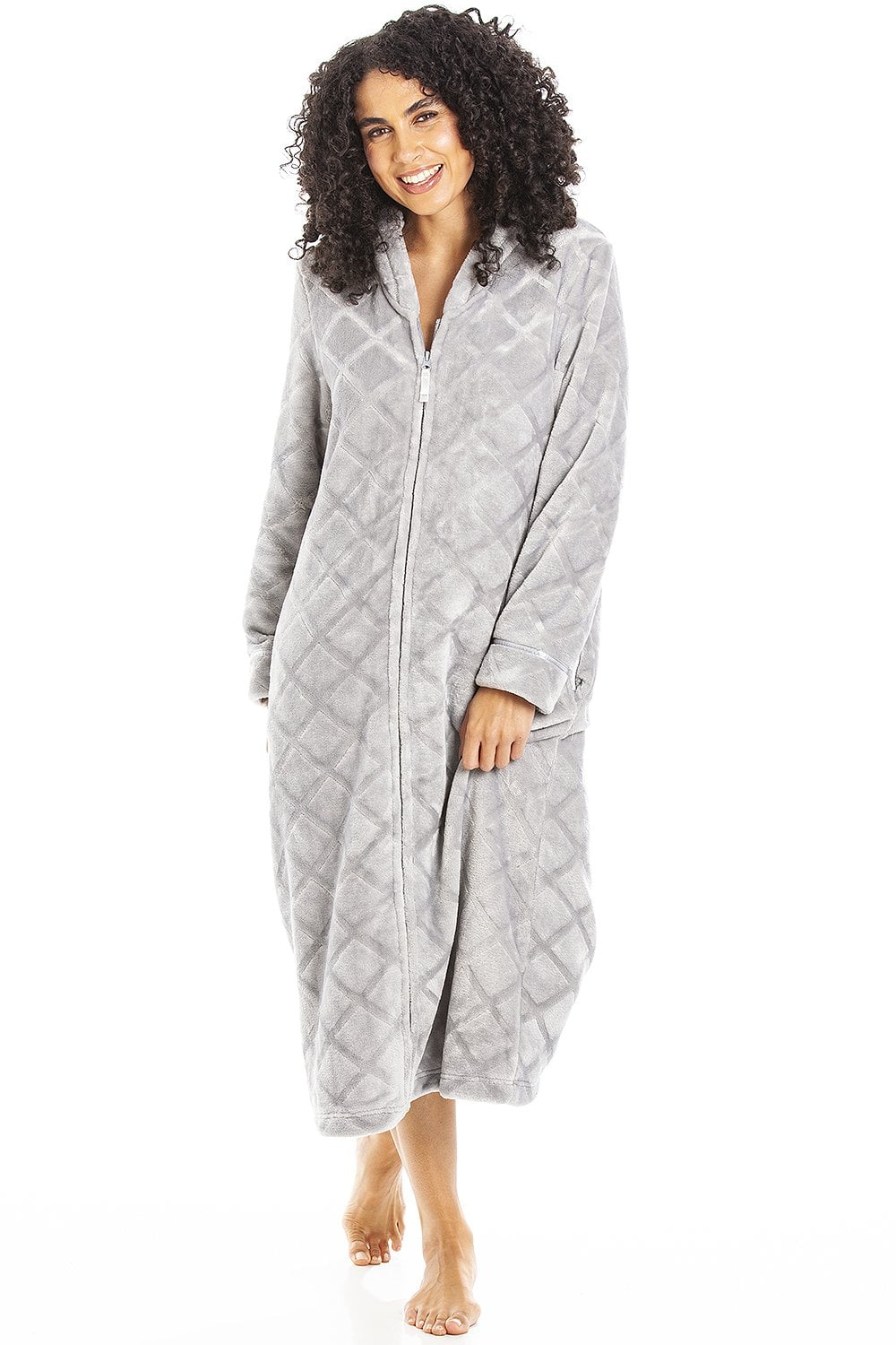 Grey Camille Lingerie Grey Full Length Zip Housecoat With Inseam Pockets, Image 1 of 5