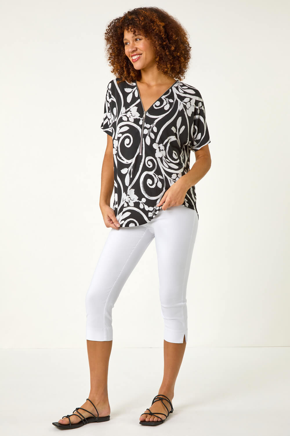 Black Textured Print Zip Detail Top, Image 3 of 5