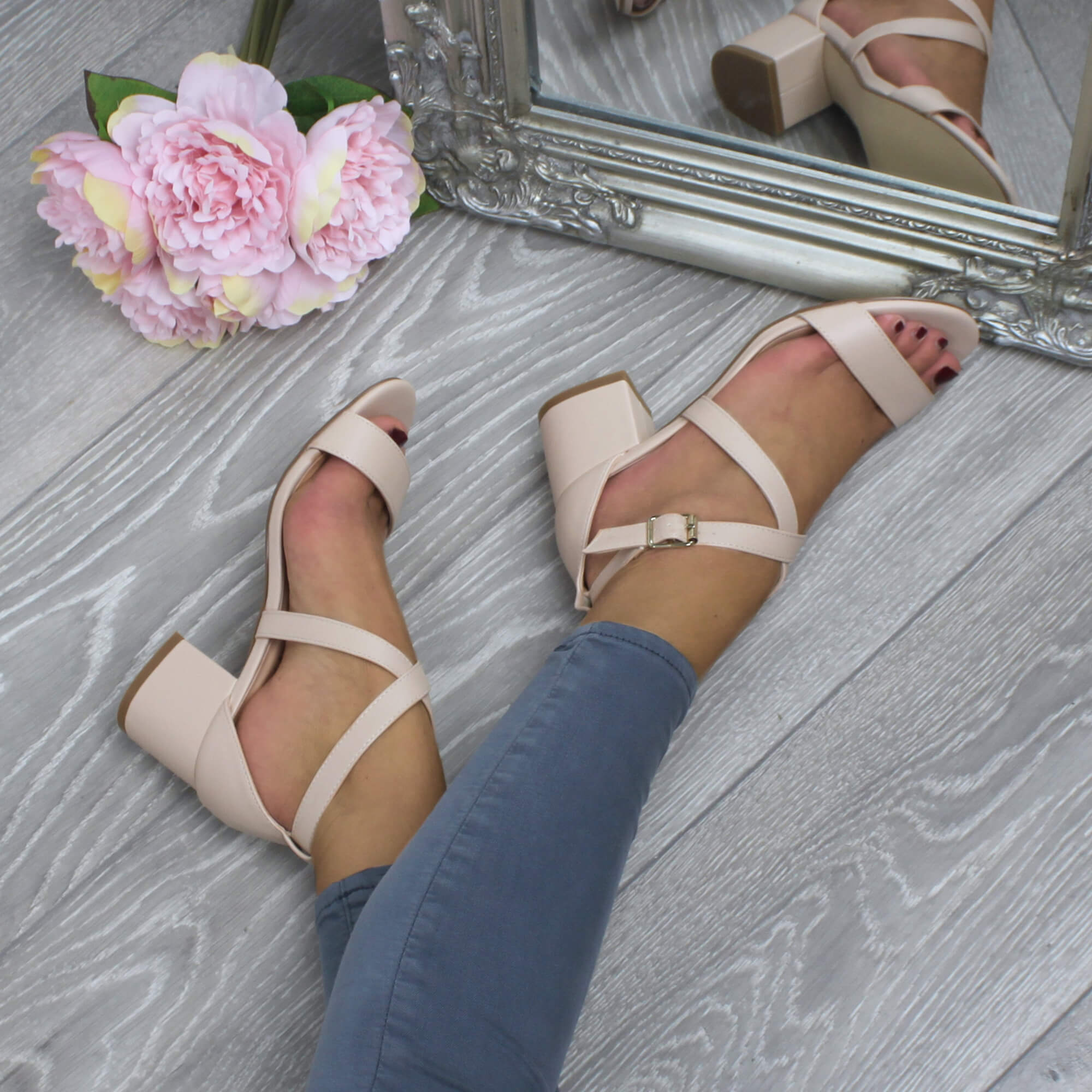 Natural Mid Block Heel Crossed Straps Sandals, Image 5 of 6