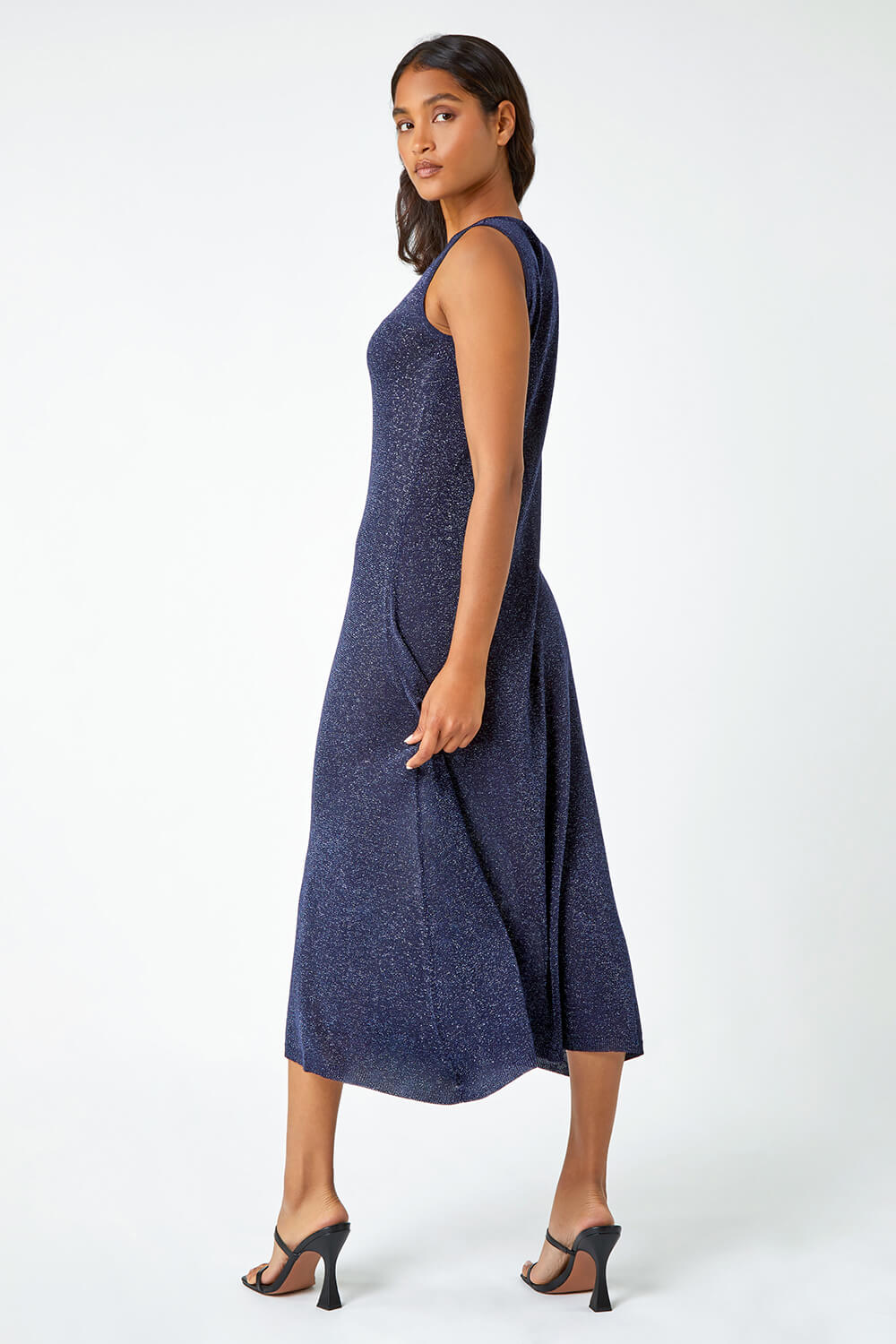 Navy Sleeveless Sparkle Knitted Midi Dress, Image 4 of 5