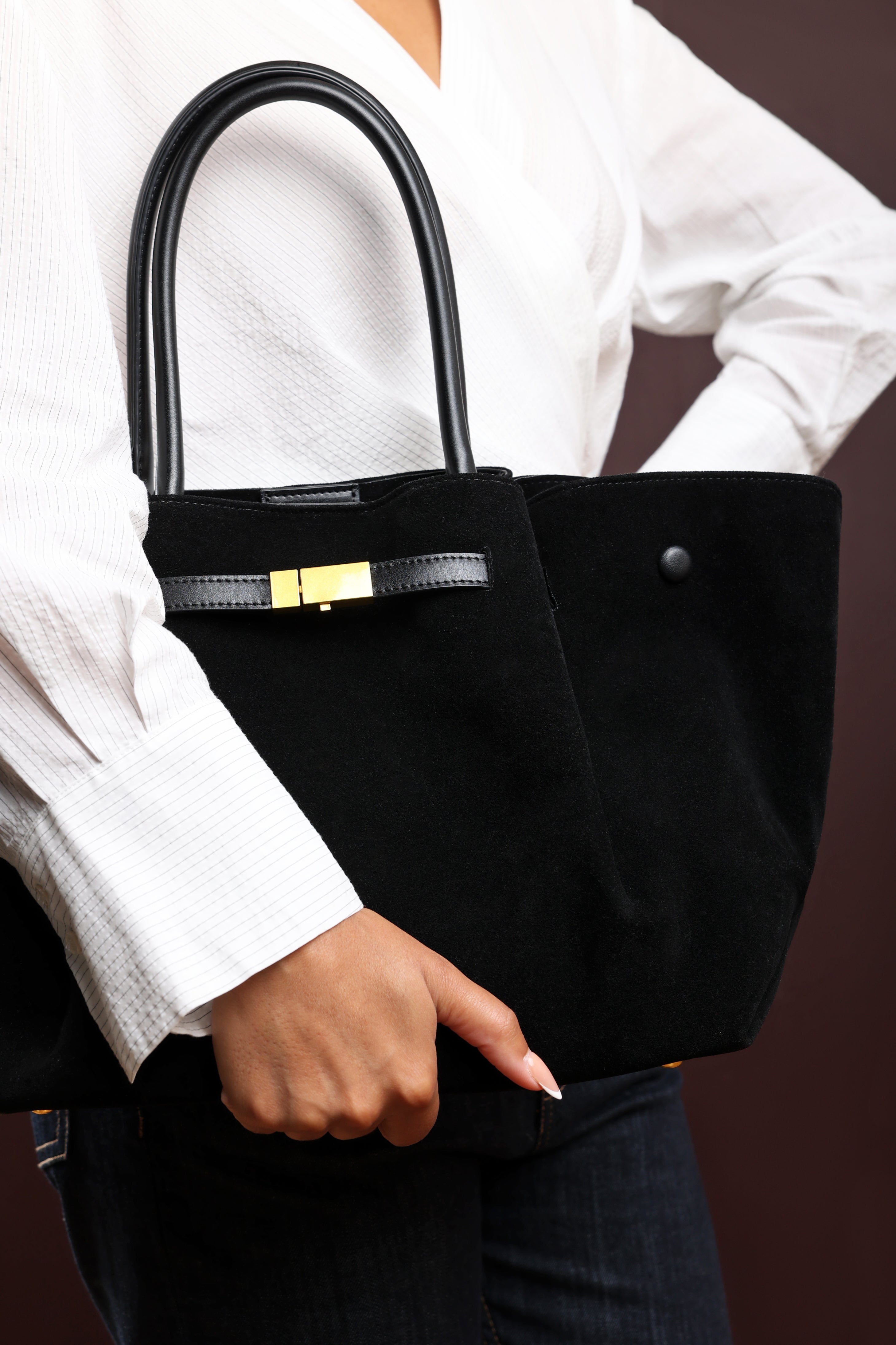 Black Where's That From Black 'Dove' Suede Handheld Tote Bag, Image 6 of 6