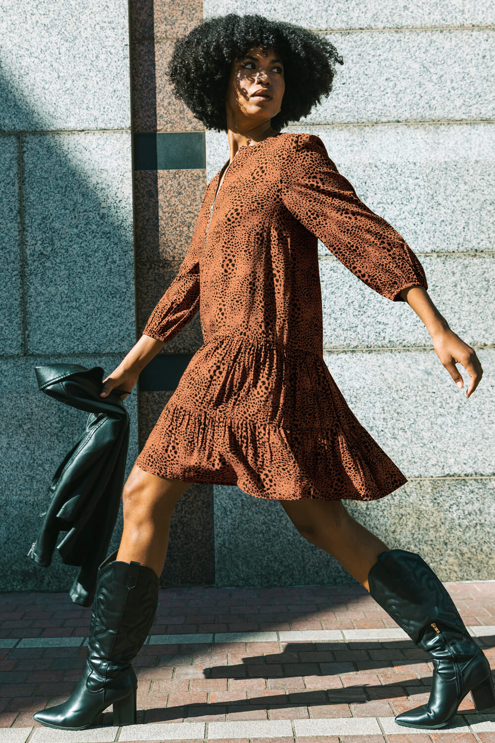 Tan Spot Print Zip Front Dress, Image 8 of 7