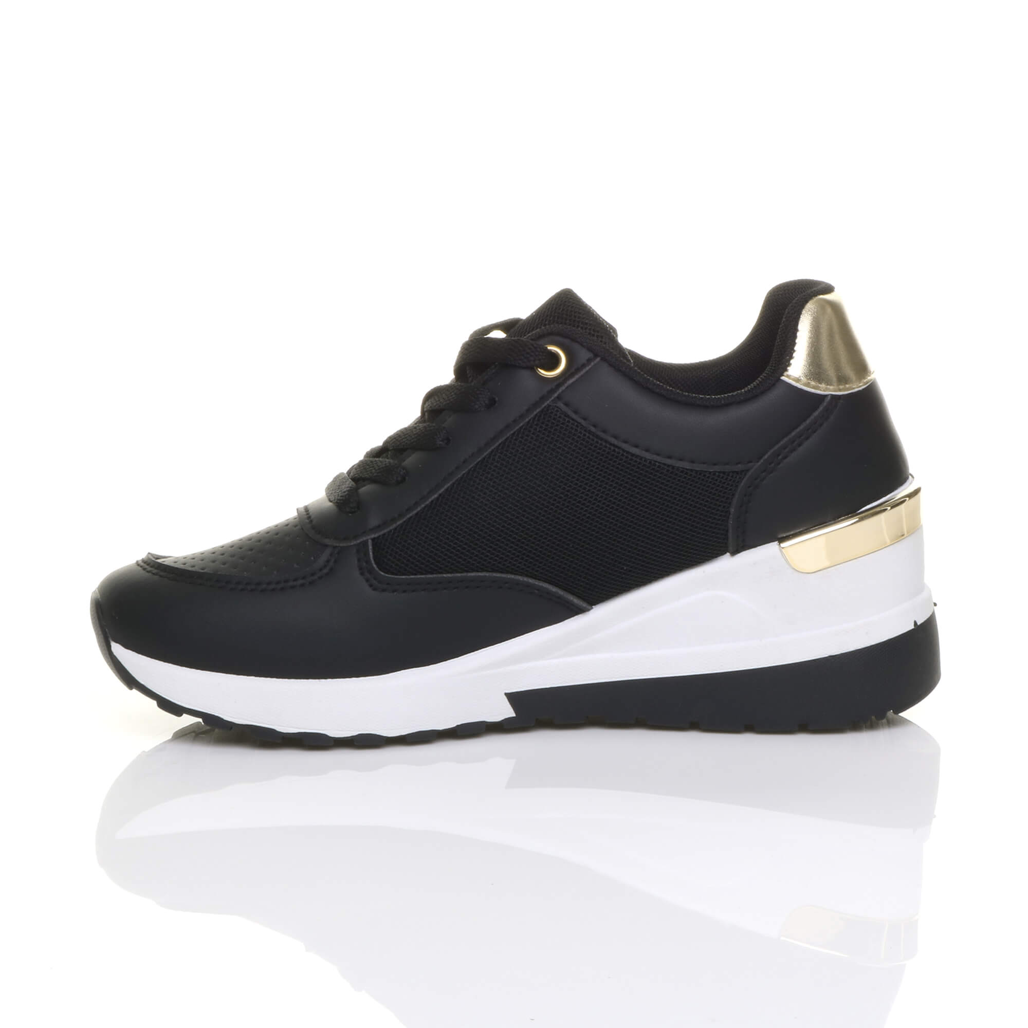 Black Mid Wedge Heel Lace Up Gold Zip Trainers, Image 3 of 5