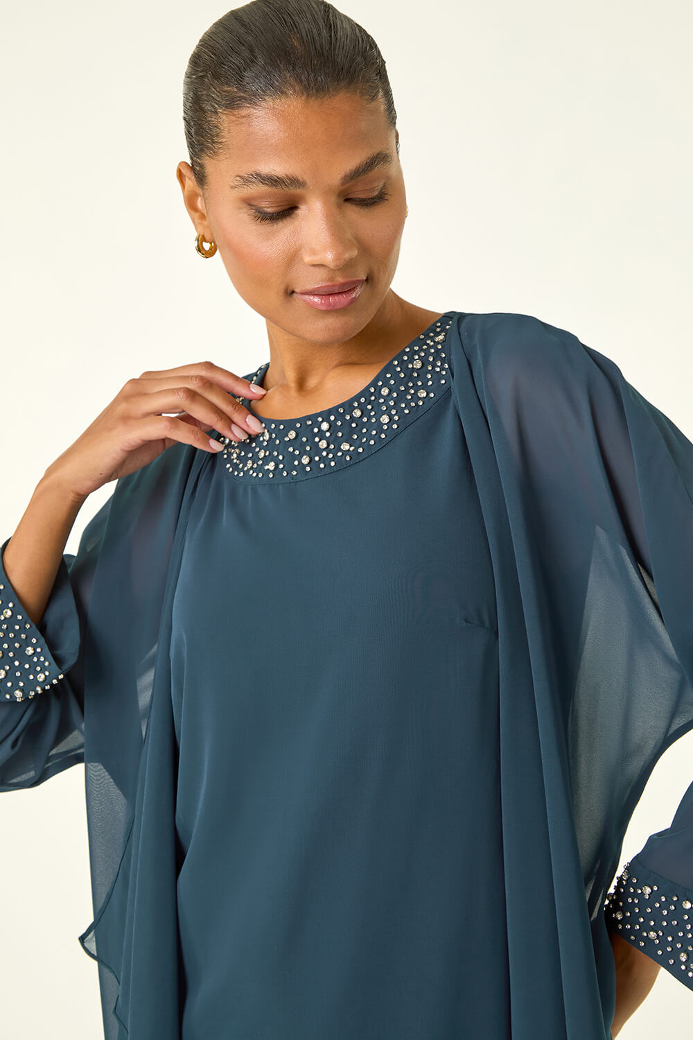 Teal Embellished Shift Dress & Shrug | Roman UK