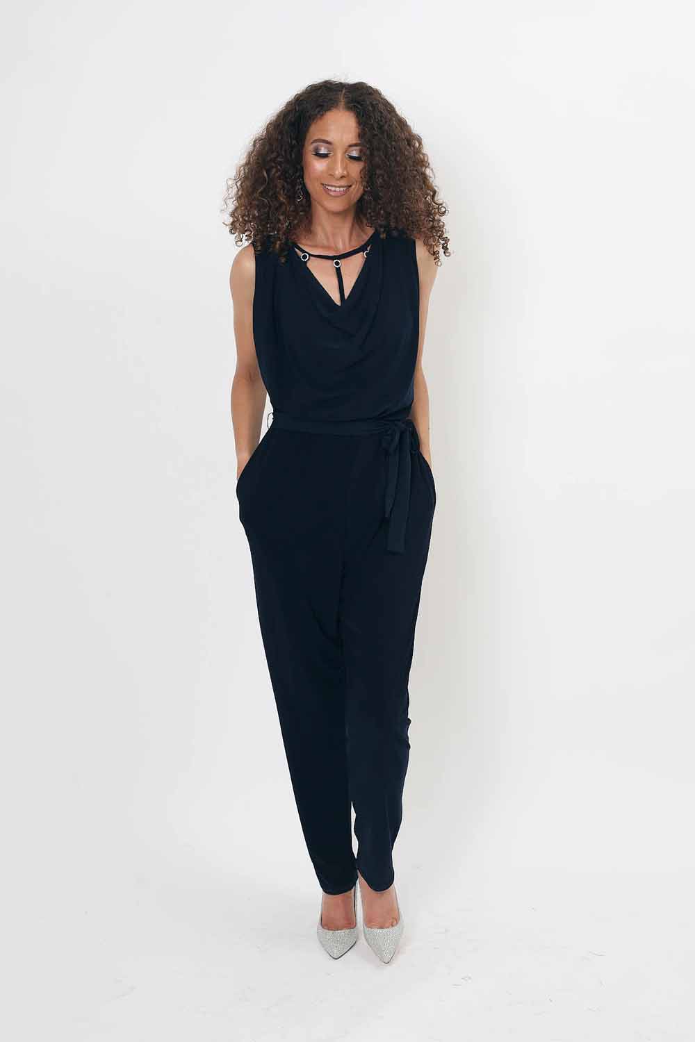 Navy  Julianna Cowl Neck Diamante Jumpsuit, Image 3 of 3