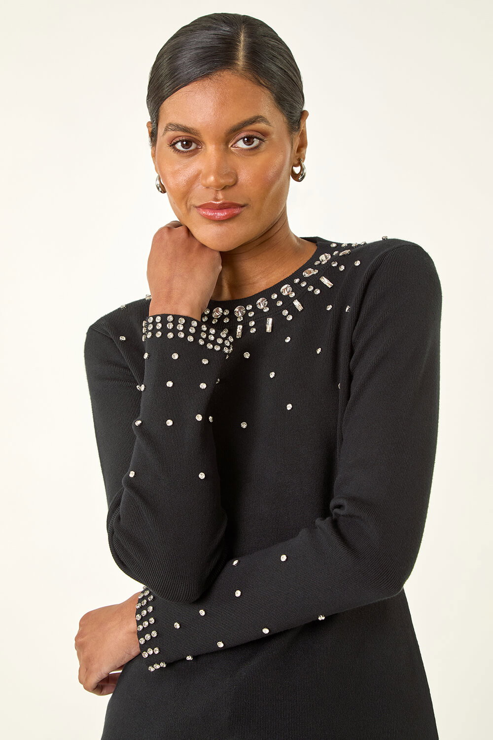 Black Embellished Neck Jumper, Image 3 of 6
