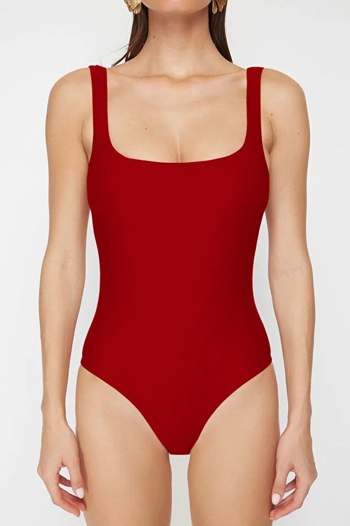 Red Square Neck Scoop Swimsuit with Clean Minimal Design, Image 2 of 4