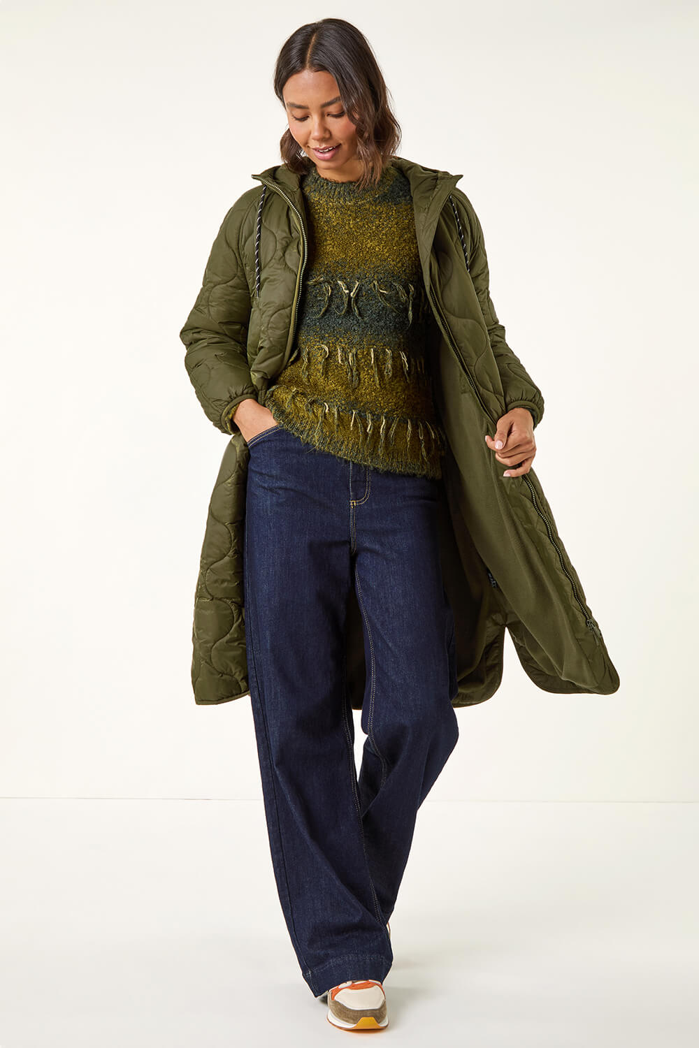 Khaki Fleece Lined Quilted Hooded Coat, Image 4 of 6