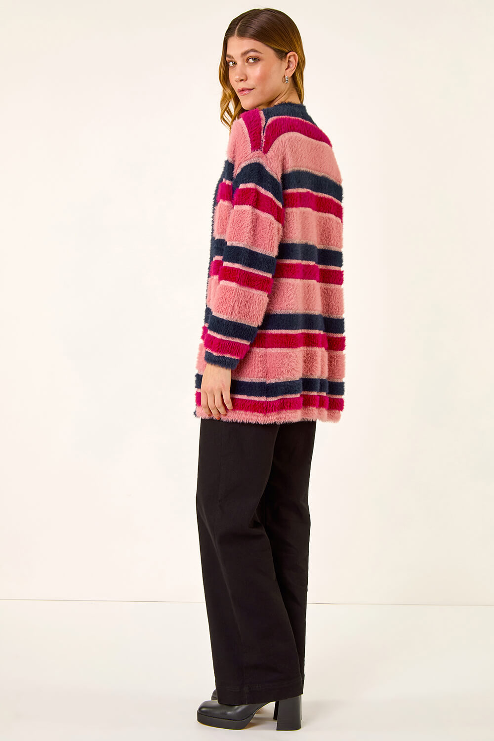 Pink Fluffy Stripe Knit Cardigan, Image 4 of 5