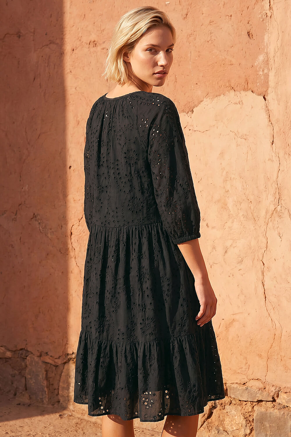 Black Cotton Broderie Tiered Smock Dress, Image 4 of 4