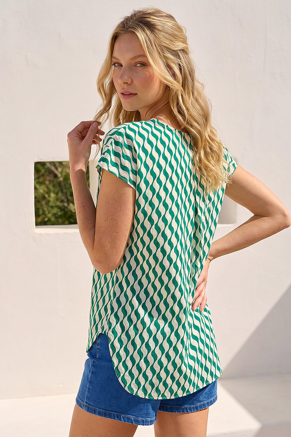 Green Wave Stripe Print V-Neck Top, Image 4 of 4