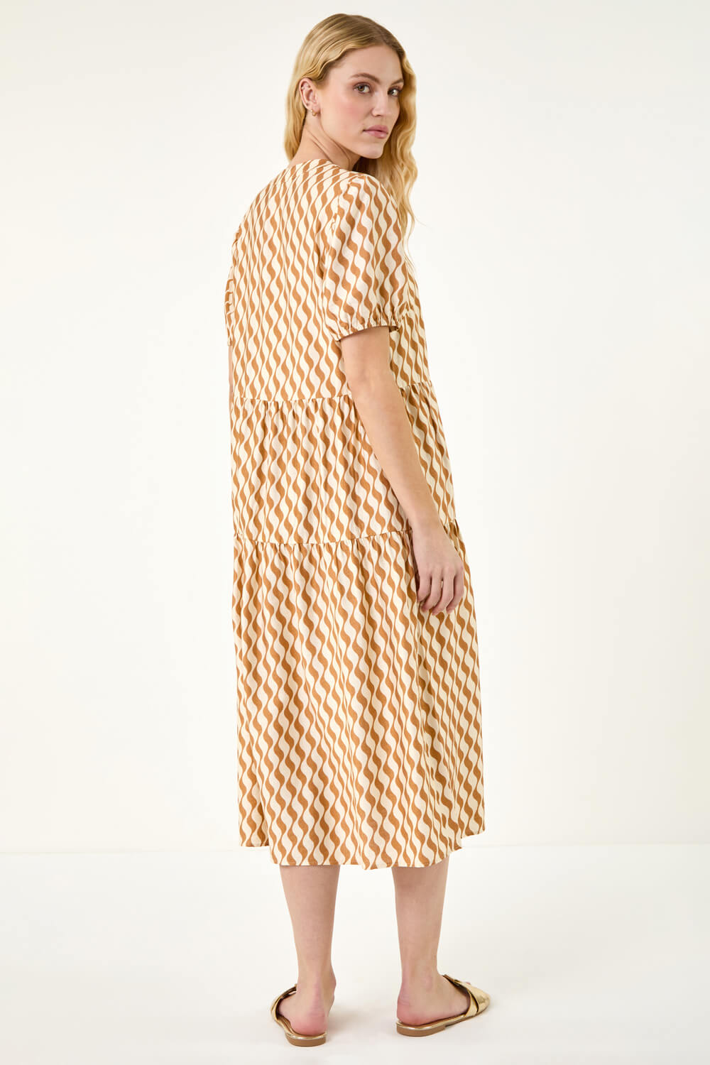 Camel Geo Print Button Shirt Midi Dress, Image 4 of 5