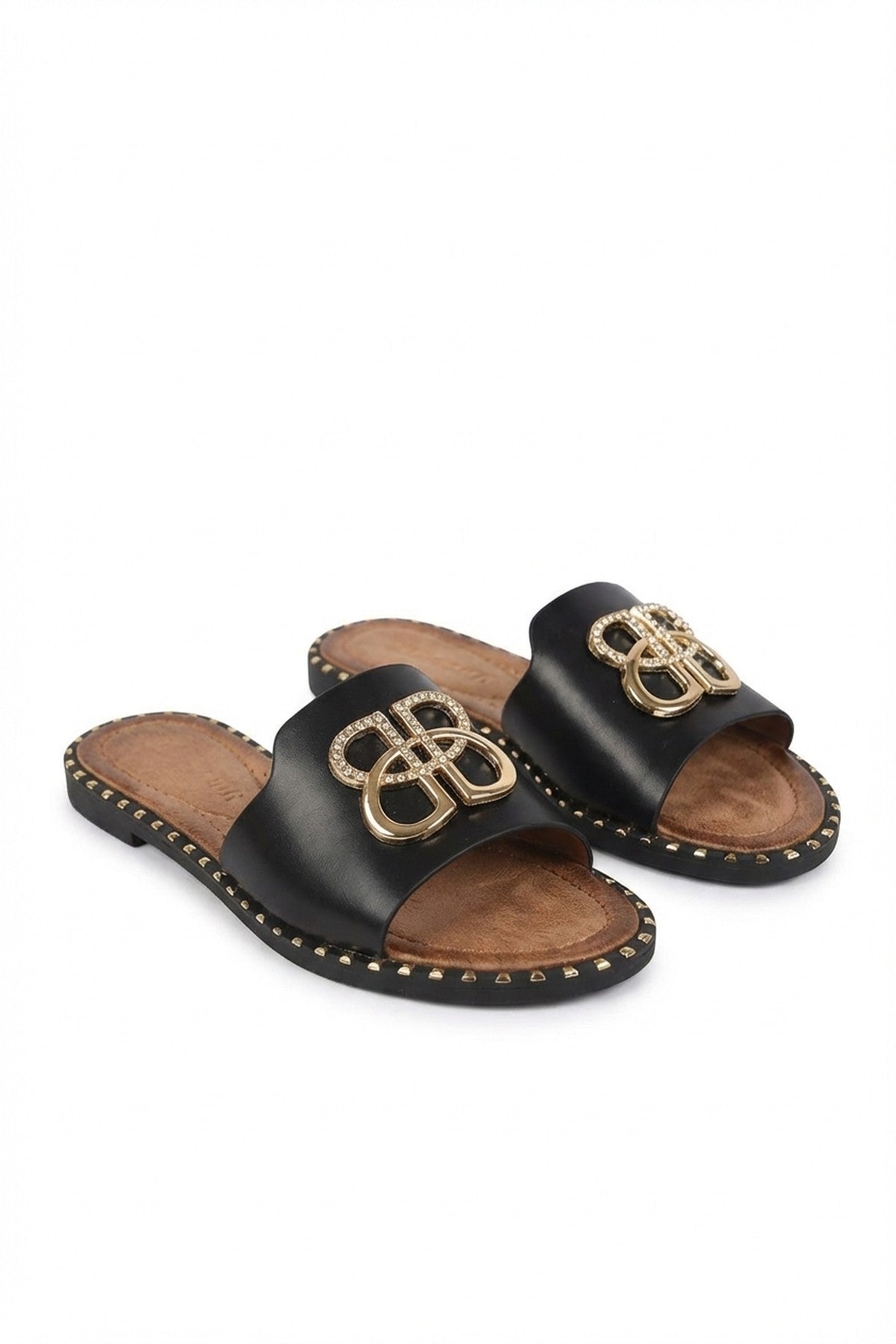 Black iKrush Black Abby Sparkle Buckle Gold Studded Flat Sandals, Image 1 of 8