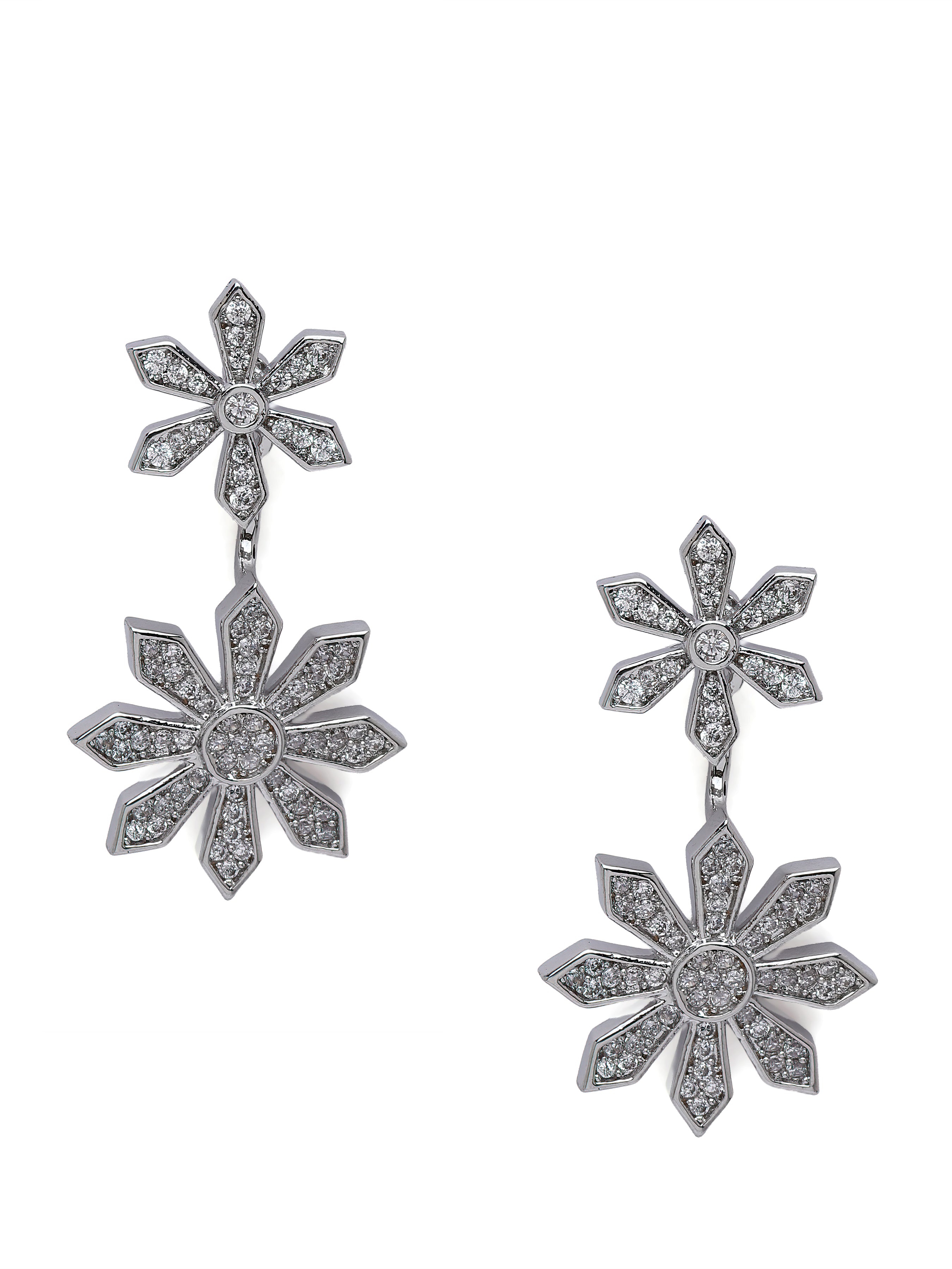 Metallic Double Daisy Crystal Drop Earrings
