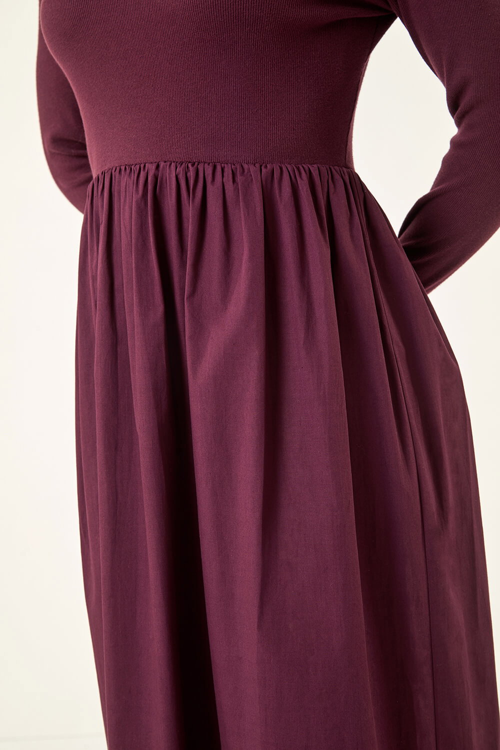 Burgundy Cotton Stretch Jersey Mix Midi Dress, Image 6 of 5