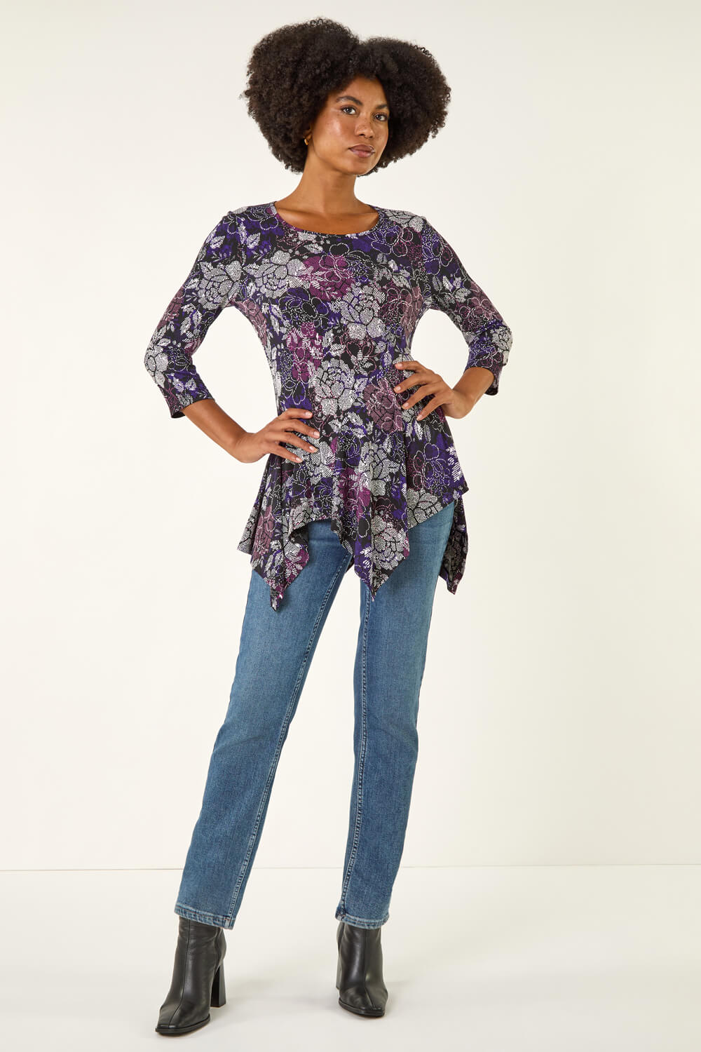 Purple Floral Puff Print Hanky Hem Top, Image 3 of 5